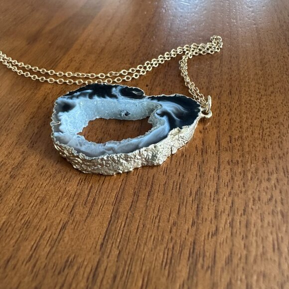 Druzy Agate Geode Gold Trim Slice Gemstone Necklace with 14k Gold Plated Chain - Picture 2 of 6